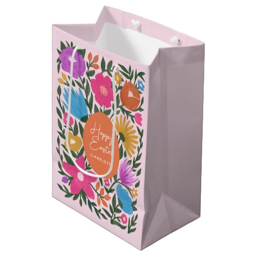 かわいらしカラフル花模様イースター卵名 ミディアムペーパーバッグ (正面アングル)