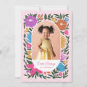 かわいらしカラフル花模様楕円形フレーム写真イースター シーズンカード (正面)