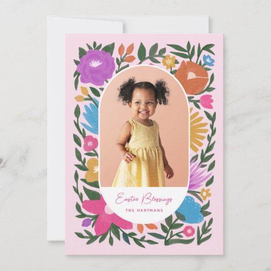かわいらしカラフル花模様楕円形フレーム写真イースター シーズンカード (正面)