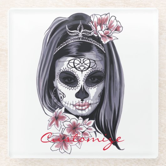 かわいらしカーニバルマスク女性スカルサンダー_コーブ ガラスコースター (正面)