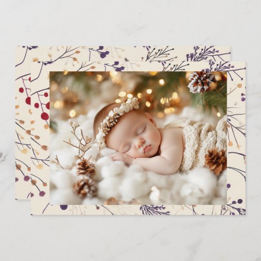 かわいらしクリスマスの葉とベビー写真 シーズンカード (正面/裏面)