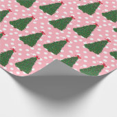 かわいらしクリスマスツリーパターンホリデードッティピンク ラッピングペーパー (角)
