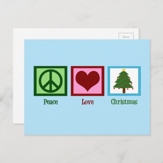 かわいらしクリスマスツリーブルーピースサインハート シーズンポストカード (正面/裏面)