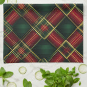 かわいらしクリスマスホリデーレッドグリーン金ゴールドプレイド キッチンタオル (折り畳み)