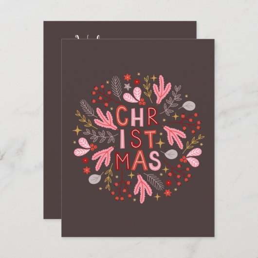 かわいらしクリスマス飾りピンクフローラ休日 シーズンカード (正面/裏面)