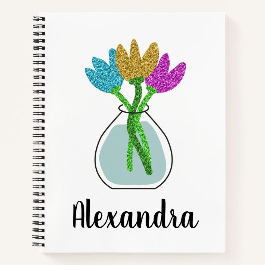 かわいらしグリッターの花パーソナライズされた ノートブック (正面)