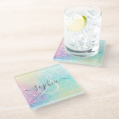 かわいらしグリッターホログラフィガーリーー虹色 ガラスコースター (アングル)