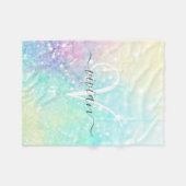 かわいらしグリッターホログラフィガーリーー虹色 フリースブランケット (正面(横))