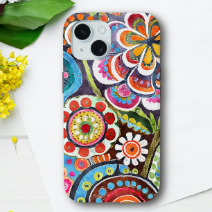 かわいらしサイケデリックフローラ鮮やかフォーク iPhone 15ケース