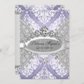 かわいらしシルバーパープルダマスク&ティアラキンセアニェラ 招待状 (正面/裏面)