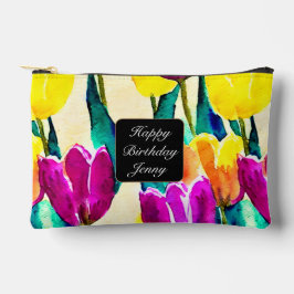 かわいらしスクリプトのチューリップの庭イエローベージュ アクセサリーポーチ