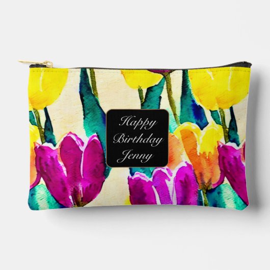 かわいらしスクリプトのチューリップの庭イエローベージュ アクセサリーポーチ (正面)