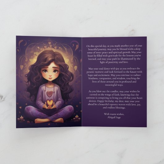 かわいらしズめい想ヨガガガールパープルハート誕生日 カード (内部)