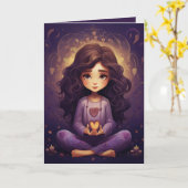 かわいらしズめい想ヨガガガールパープルハート誕生日 カード (黄色い花)