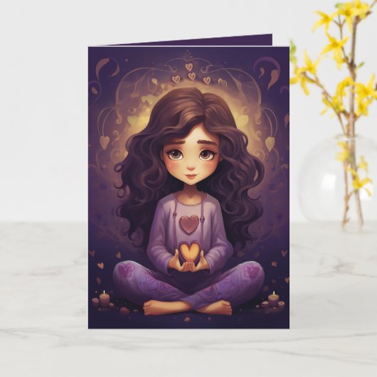 かわいらしズめい想ヨガガガールパープルハート誕生日 カード (黄色い花)