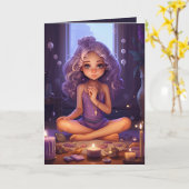 かわいらしズめい想ヨガガガールパープル金ゴールド誕生日 カード (黄色い花)
