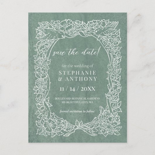 かわいらしセージ緑の白フローラ救日付 ポストカード (正面)