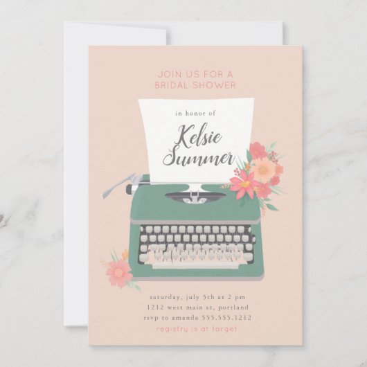 かわいらしタイプライター及び花ブライダルシャワー 招待状 (正面)