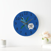 かわいらしターコイズジェイ鳥モノグラム ラージ壁時計 (ホーム)