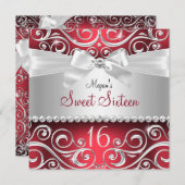 かわいらしダイヤモンドボウ&スパークルスワールレッドスウィート16 招待状 (正面/裏面)