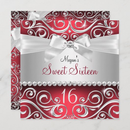 かわいらしダイヤモンドボウ&スパークルスワールレッドスウィート16 招待状 (正面/裏面)