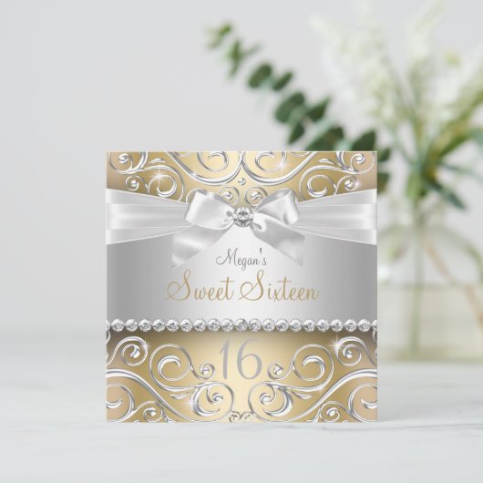 かわいらしダイヤモンドボウ&スパークルスワール金ゴールドスウィート16 招待状 (スタンド正面)