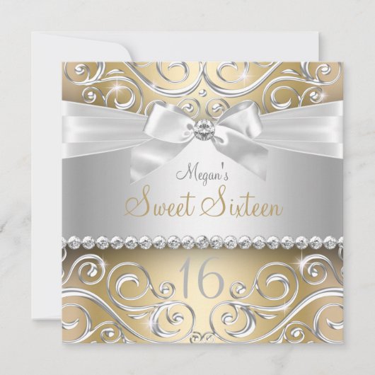 かわいらしダイヤモンドボウ&スパークルスワール金ゴールドスウィート16 招待状 (正面)