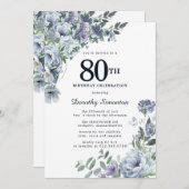 かわいらしダスティブルーフローラ80誕生日 招待状 (正面/裏面)