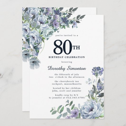 かわいらしダスティブルーフローラ80誕生日 招待状 (正面/裏面)