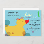 かわいらしダッキー（アヒルちゃん）-青い誕生日招待状 招待状 (正面/裏面)