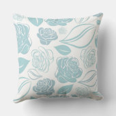 かわいらしティール（緑がかった色）グリーンとホワイトバラと葉 クッション (裏面)
