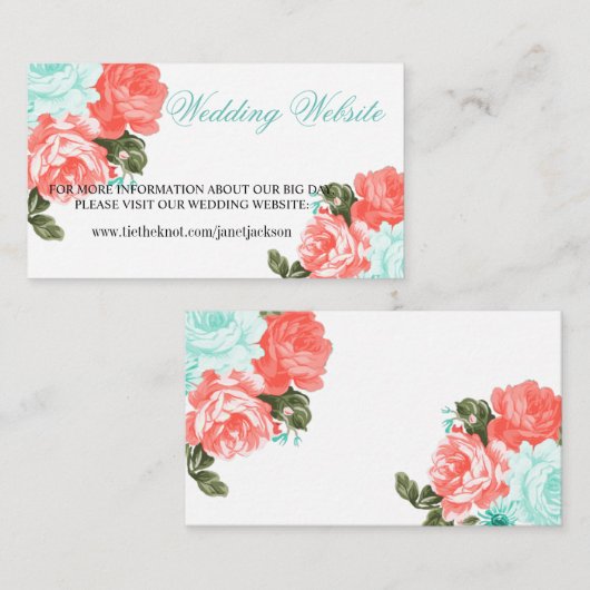 かわいらしティール(緑がかった色)、コーラル結婚の花の結婚ウェブサイト エンクロージャーカード (正面/裏面)