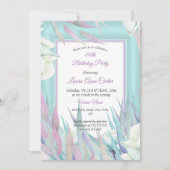 かわいらしティール（緑がかった色）パープルフローラフォトバースデーパーティー 招待状 (正面)