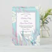 かわいらしティール（緑がかった色）パープルフローラフォトバースデーパーティー 招待状 (スタンド正面)
