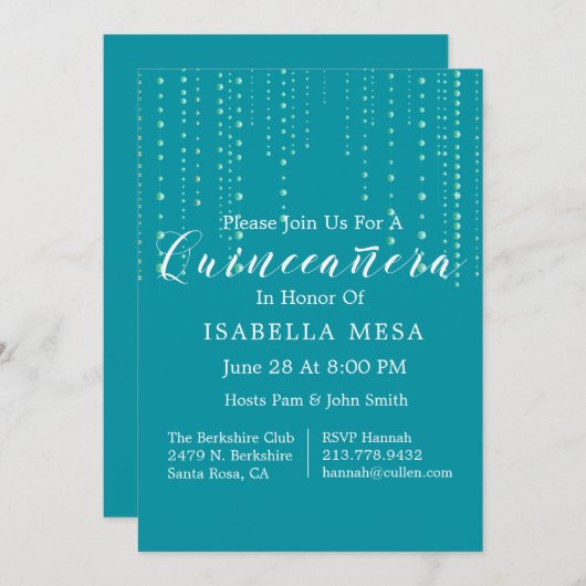 かわいらしティール(緑がかった色)ビーズキンセアニェラパーティー 招待状 (正面/裏面)