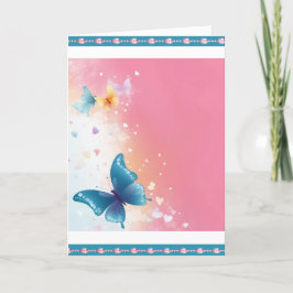 かわいらしティール（緑がかった色）&ピンクバタフライグリーティングカード 案内状