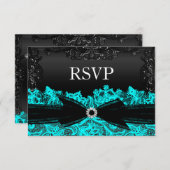 かわいらしティール（緑がかった色）&ブラックレースRSVP 出欠カード (正面/裏面)