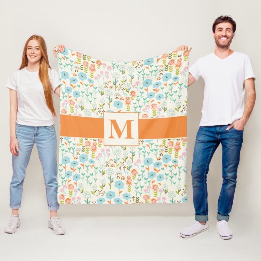 かわいらしティール(緑がかった色)ブルーオレンジピンク花柄 フリースブランケット (インサイチュ)