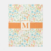 かわいらしティール(緑がかった色)ブルーオレンジピンク花柄 フリースブランケット (正面)