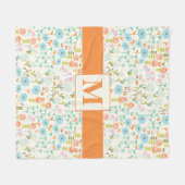 かわいらしティール(緑がかった色)ブルーオレンジピンク花柄 フリースブランケット (正面(横))