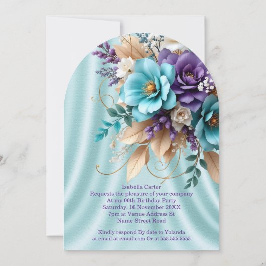 かわいらしティール(緑がかった色)ブルーパープルホワイト誕生日花 招待状 (裏面)