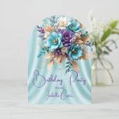 かわいらしティール（緑がかった色）ブルーパープルホワイト誕生日花 招待状 (スタンド正面)