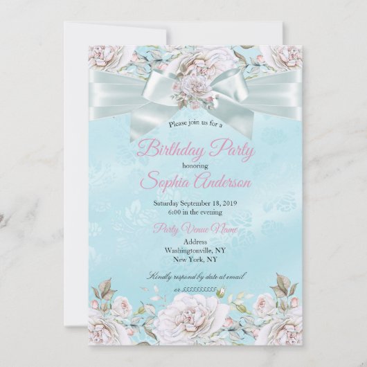 かわいらしティール(緑がかった色)ブルーフローラバラピンクバースデーパーティー 招待状 (正面)