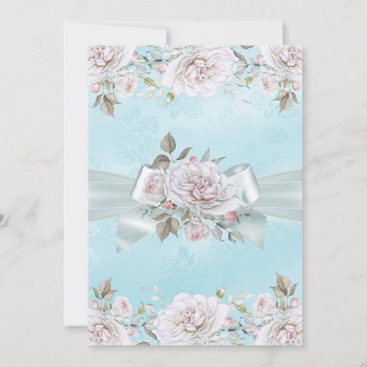 かわいらしティール（緑がかった色）ブルーフローラバラピンクバースデーパーティー 招待状 (裏面)