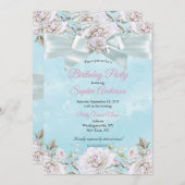 かわいらしティール（緑がかった色）ブルーフローラバラピンクバースデーパーティー 招待状 (正面/裏面)