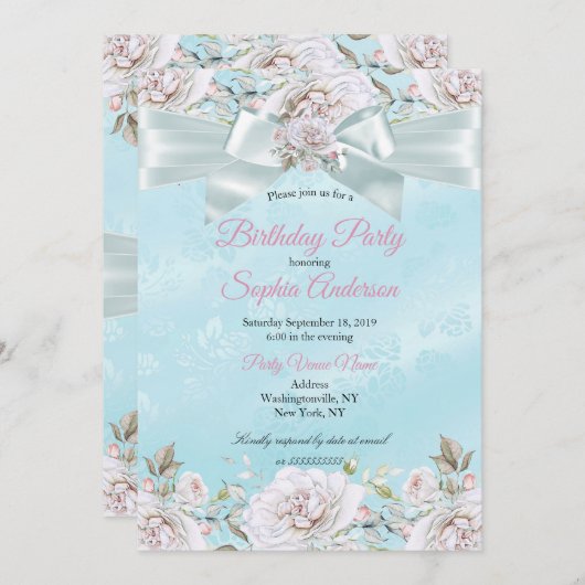 かわいらしティール(緑がかった色)ブルーフローラバラピンクバースデーパーティー 招待状 (正面/裏面)
