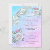 かわいらしティール（緑がかった色）ブルーフローラパープルピンクバースデーパーティー 招待状 (正面)
