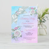 かわいらしティール（緑がかった色）ブルーフローラパープルピンクバースデーパーティー 招待状 (スタンド正面)