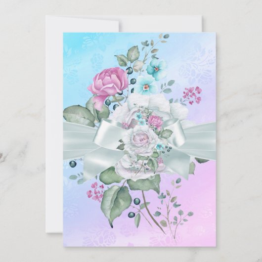 かわいらしティール(緑がかった色)ブルーフローラパープルピンクバースデーパーティー 招待状 (裏面)