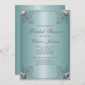 かわいらしティール(緑がかった色)ブルーブライダルシャワー 招待状 (正面/裏面)